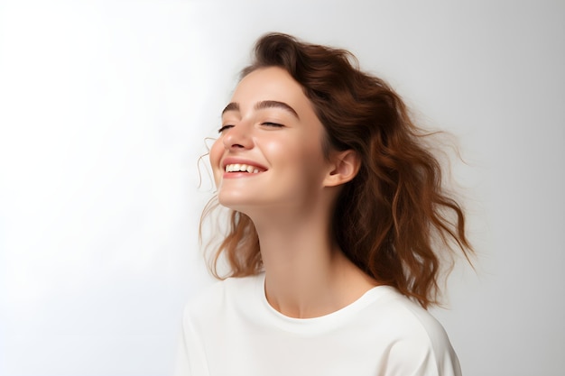 Happy young woman on a white wall isolated over white background