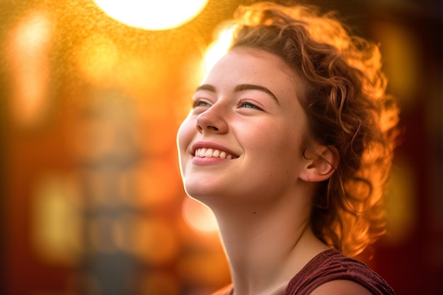 Happy young woman who is thinking with Generative AI