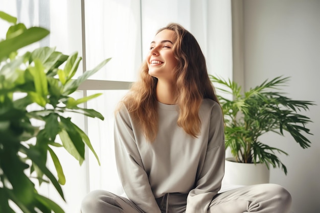 写真 笑顔で幸せな若い女性が家で室内植物の間で瞑想しています メンタルヘルス 家庭のガーデニング