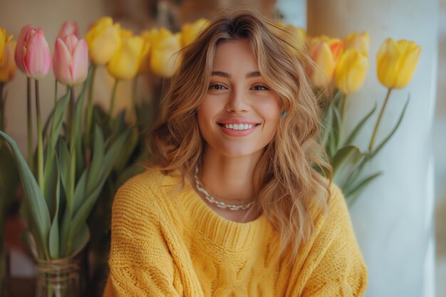 Foto giovane donna felice con un bouquet di fiori di tulipano cammina lungo una strada della città o un campo concetto 8 marzo