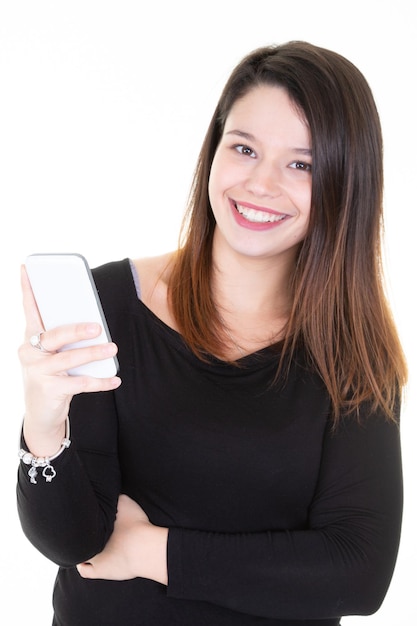 happy young woman with cellphone one white background