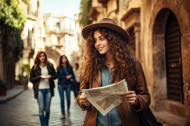 市内地図とバックパックを持って旅行する幸せな若い女性