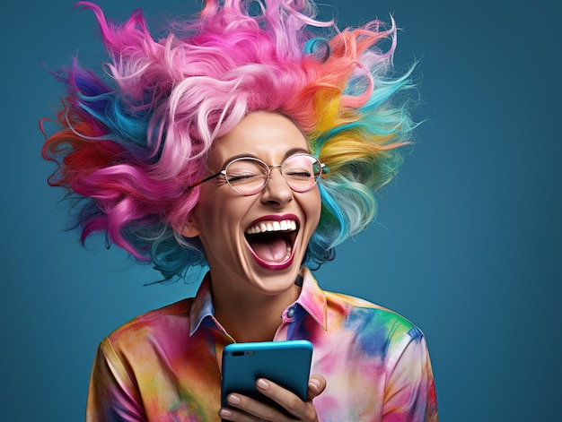 Happy young woman with colored hair smartphone in her hands laughs screams with joy Generative ai