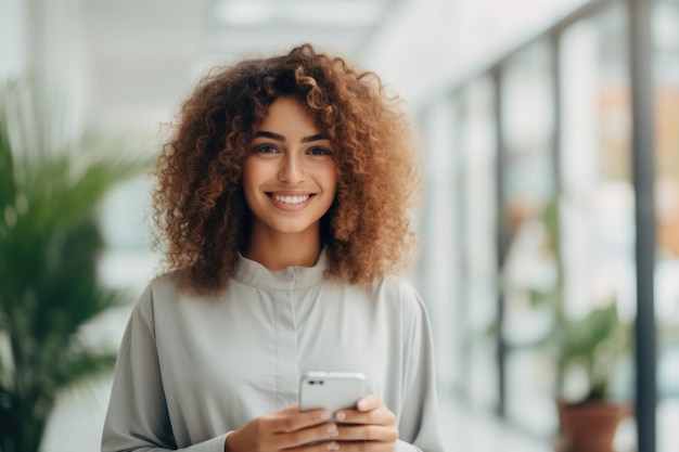 A happy young woman with curly hair smiling at the camera holding a smartphone