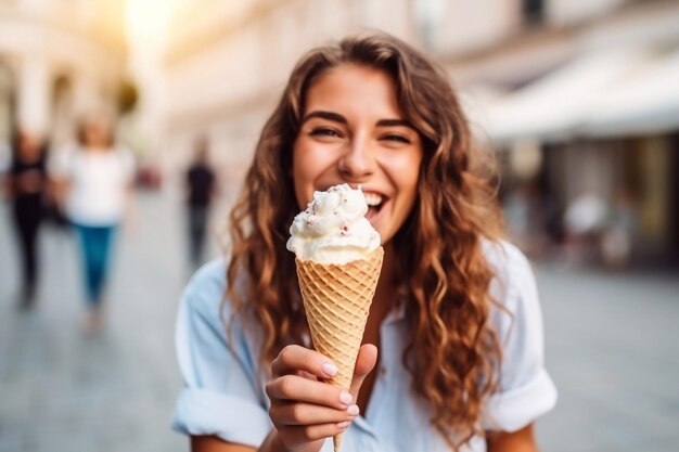 外でワッフルコーンで美味しいアイスクリームを食べている幸せな若い女性