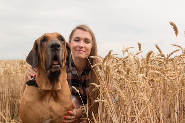 Happy young woman with dog in golden wheat field