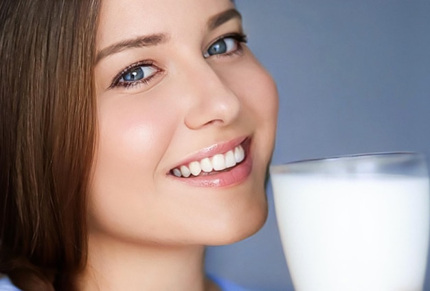 Foto felice giovane donna con bicchiere di latte o frullato proteico cocktail salutare per dieta e benessere