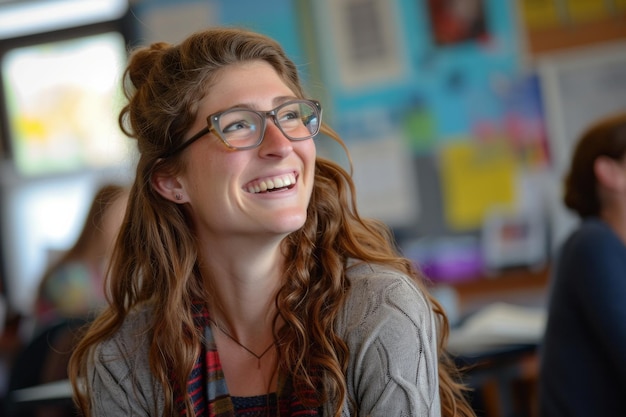 Happy young woman with glasses smiling in a bright indoor setting