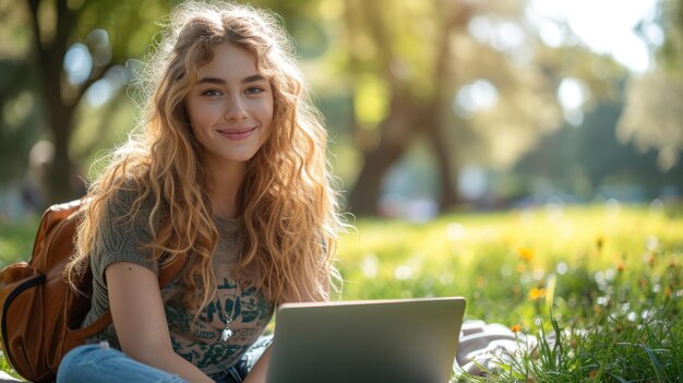 Happy Young Woman with Laptop in Sunny Park