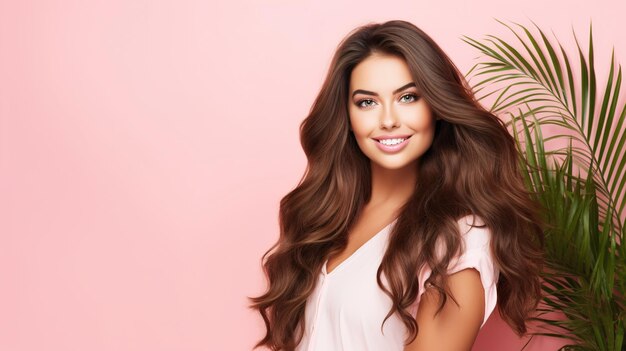 Happy young woman with palms leaves on the pink background