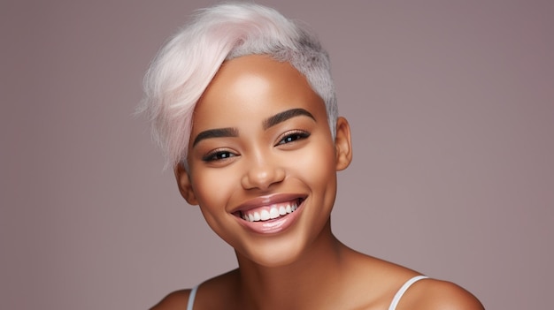 Happy young woman with perfect white teeth smile on pink background Generative AI