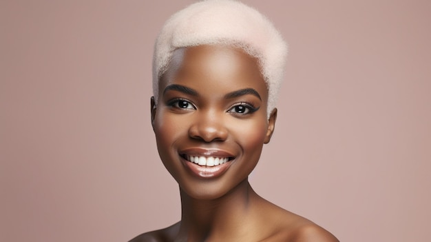 Happy young woman with perfect white teeth smile on pink background Generative AI