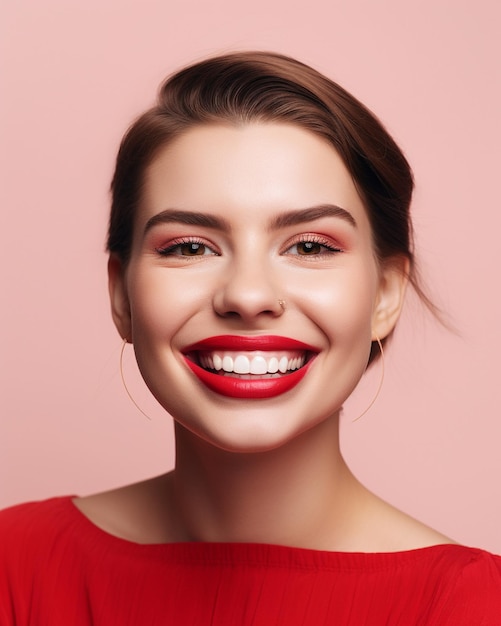 완벽한 하얀 치아를 가진 행복한 젊은 여성이 분홍색 배경에 미소를 짓습니다. Generic AI
