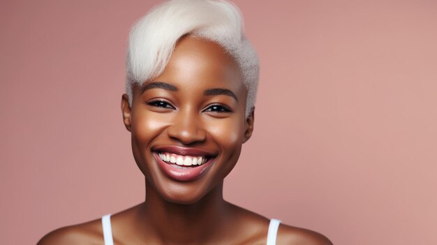 Happy young woman with perfect white teeth smile on pink background Generative AI