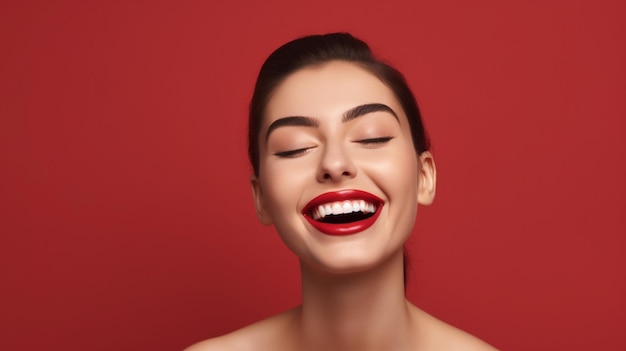 Happy young woman with red lipstick and big white teeth smile Generative AI