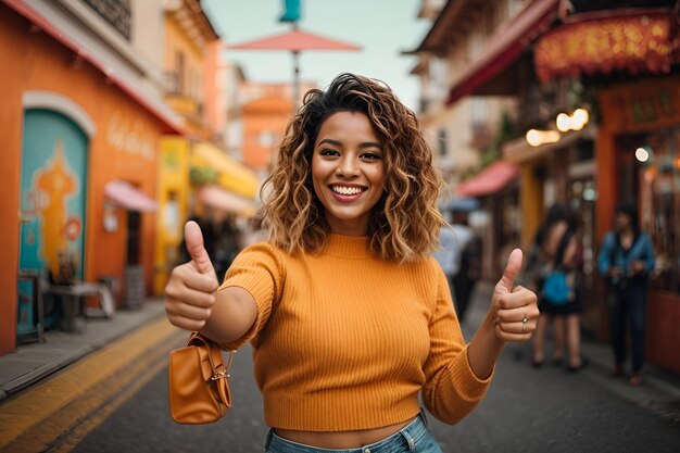 Happy young woman with thumbs up