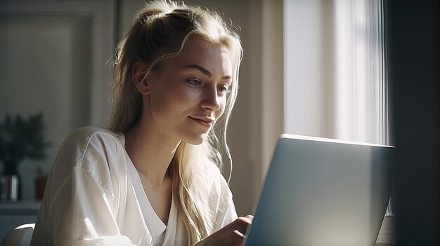 Photo happy young woman working on laptop at home generative ai