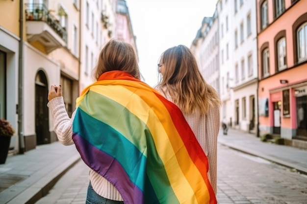 Happy young women embracing holding LGBTQ flag AI Generative