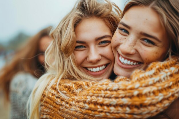 Счастливые молодые женщины обнимаются и разделяют радостные моменты, обернутые в теплый шарф в холодный день на открытом воздухе