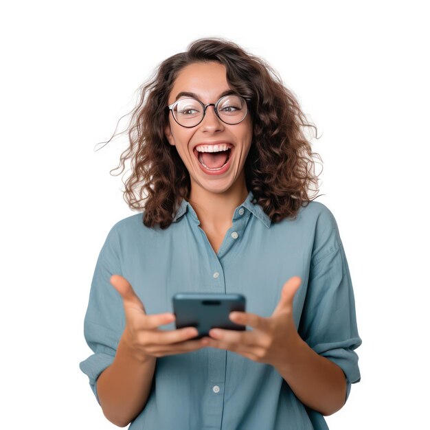 happy young women holding his cellphone and looking phone screen white background