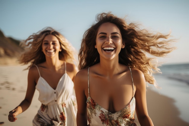 Happy young women walking on a beach