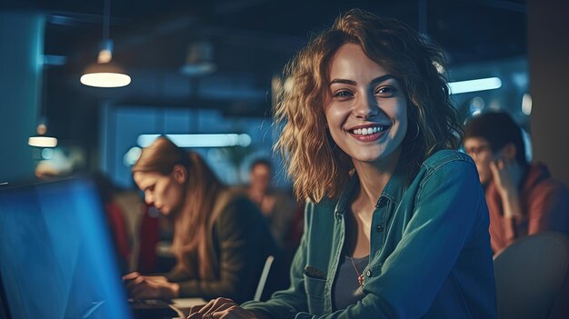 happy young women working on a laptop