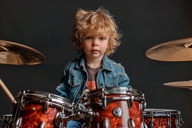 A happy youngster having fun with musical drum with copy space Generative AI