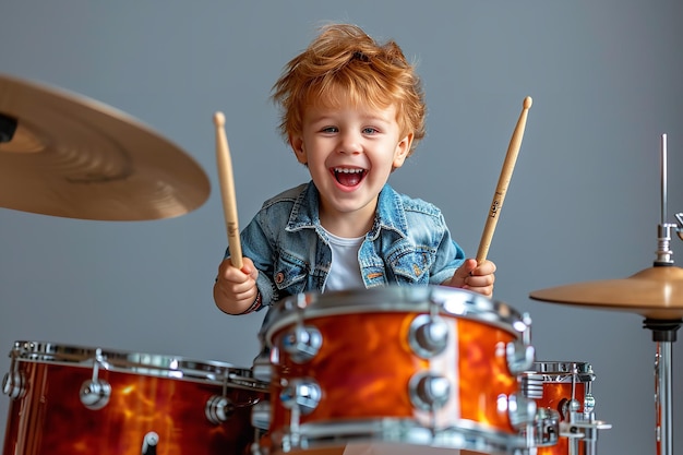 A happy youngster having fun with musical drum with copy space Generative AI