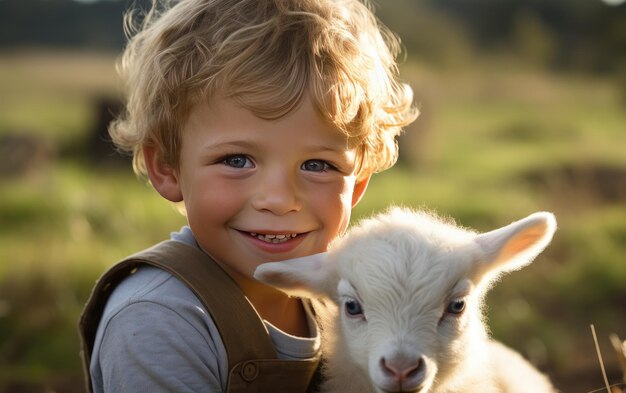 Photo happy youngster with a playful baby goat generative ai