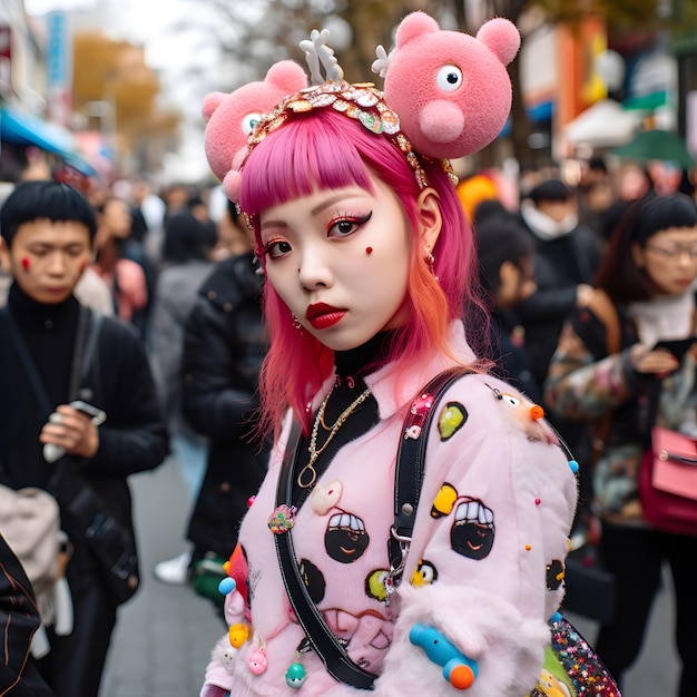 Harajuku girl japanese kawaii pink hair street style in Tokyo