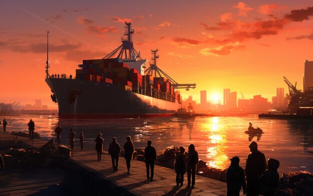 Harbor Business Cargo Ship Amidst a Sunset Sky Generative AI