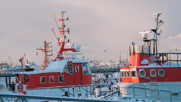 Harbor in snow. harbor and ship