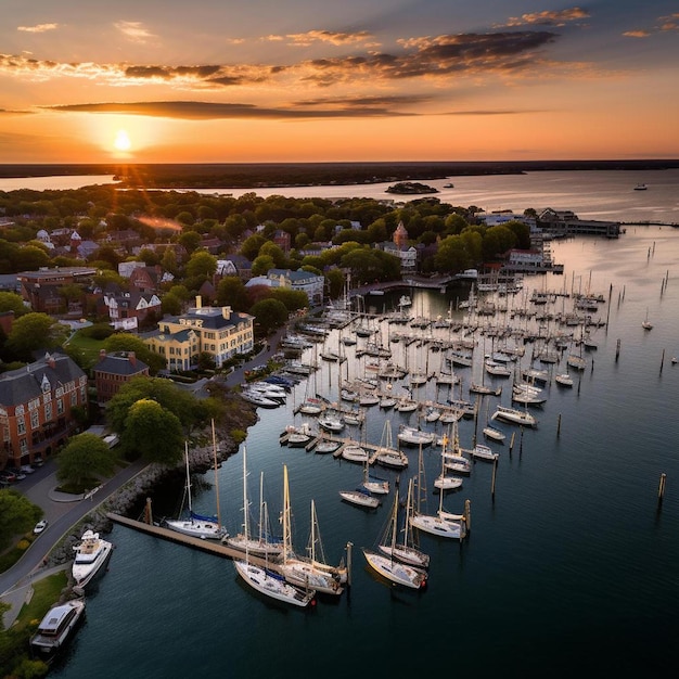 a harbor with boats and a sunset in the background