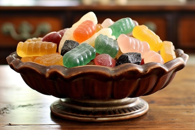 hard candy assortment in a vintage candy dish AI generated