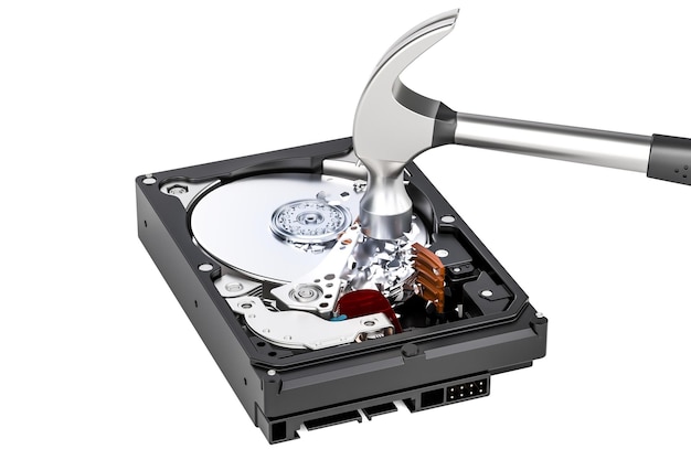 Hard Disk Drive HDD with hammer Destroying hard disk 3D rendering