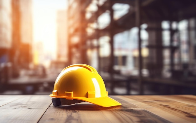 Hard Hat Positioned on a Wooden Table Against a Blurred Construction Site