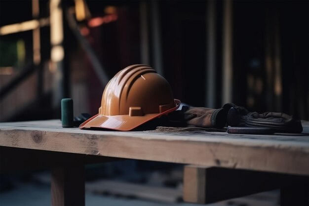 A hard hat sits on a work bench with a pair of gloves and a pair of gloves