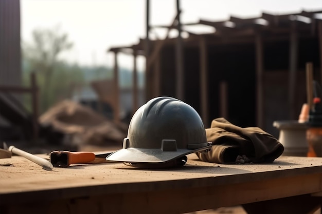 A hard hat on a table with a pile of construction equipment in the background
