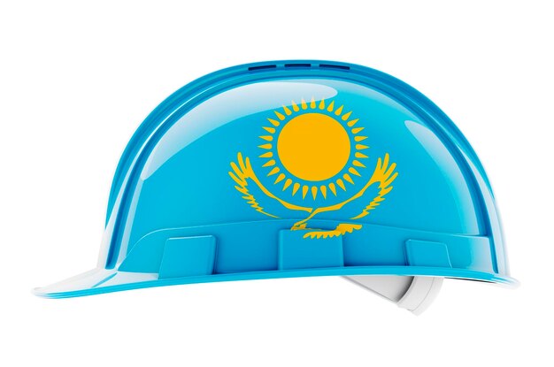 Hard hat with Kazakh flag 3D rendering isolated on white background