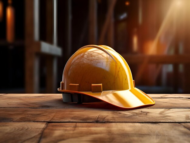 Hard hat on wooden table in construction site 3d rendering