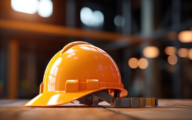 Hard Hat on Wooden Table with Construction Blur