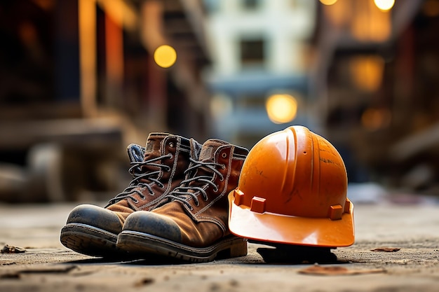 Hard hat and work boots background