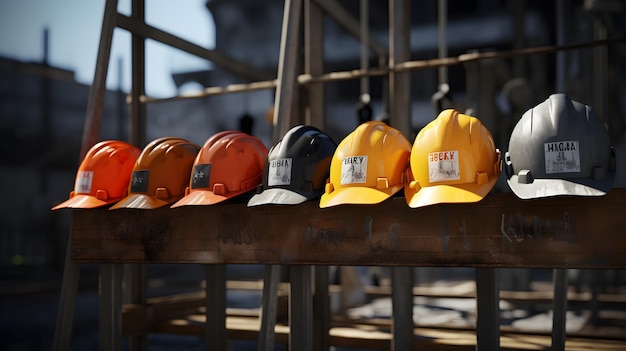 Hard hats lined up safety vests hanging tools organized on a construction site