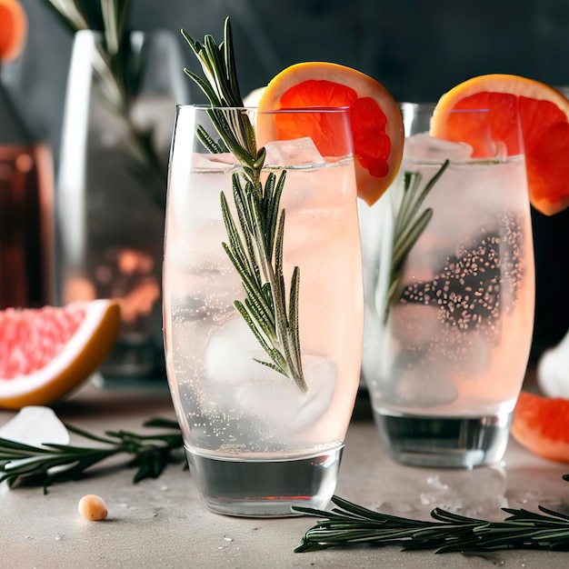 Hard seltzer with grapefruit soda and rosemary in glasses on the table