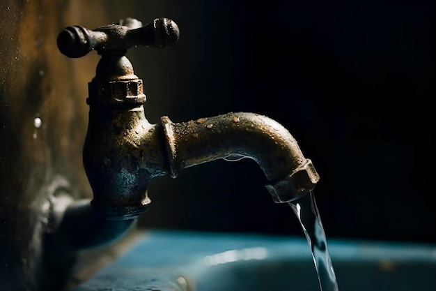 Hard water flows from a rusty faucet faucet on an old sink Generated AI