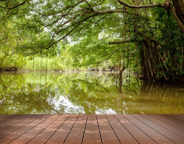 Foto ponte di legno duro su stagno e passerella