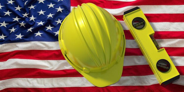 Foto hardhat e livello di bolla sullo sfondo della bandiera degli stati uniti d'america illustrazione 3d