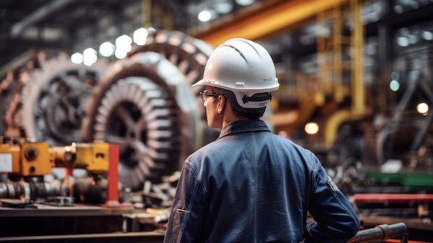 Foto lavoratore in casco con macchinari in ambiente industriale