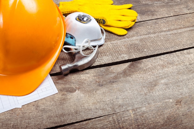 Hardhat and old leather gloves