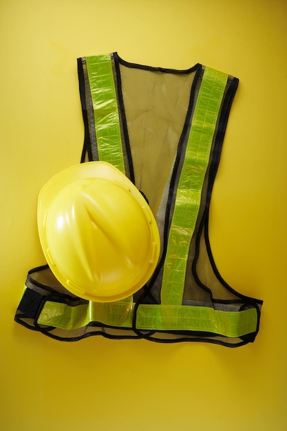 Hardhat and reflective vest against yellow color\
background